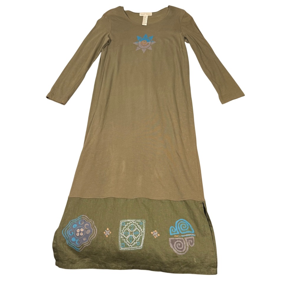 Vintage Sweet Jessie Olive Cotton Linen Boho Hippie Maxi Dress Large Modest